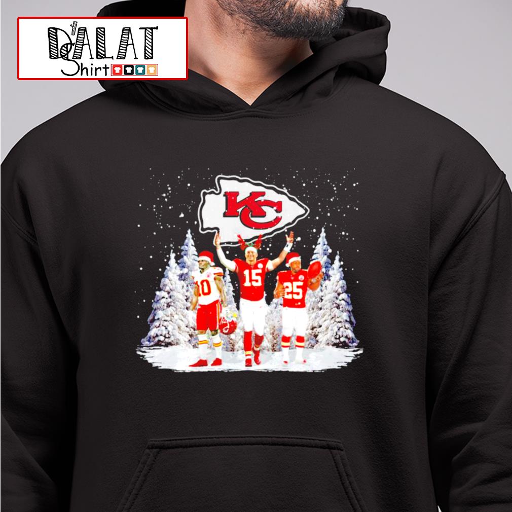 Kansas City Chiefs Tyreek Hill Patrick Mahomes II And Clyde Edwards-Helaire  Merry Christmas Shirt - Freedomdesign