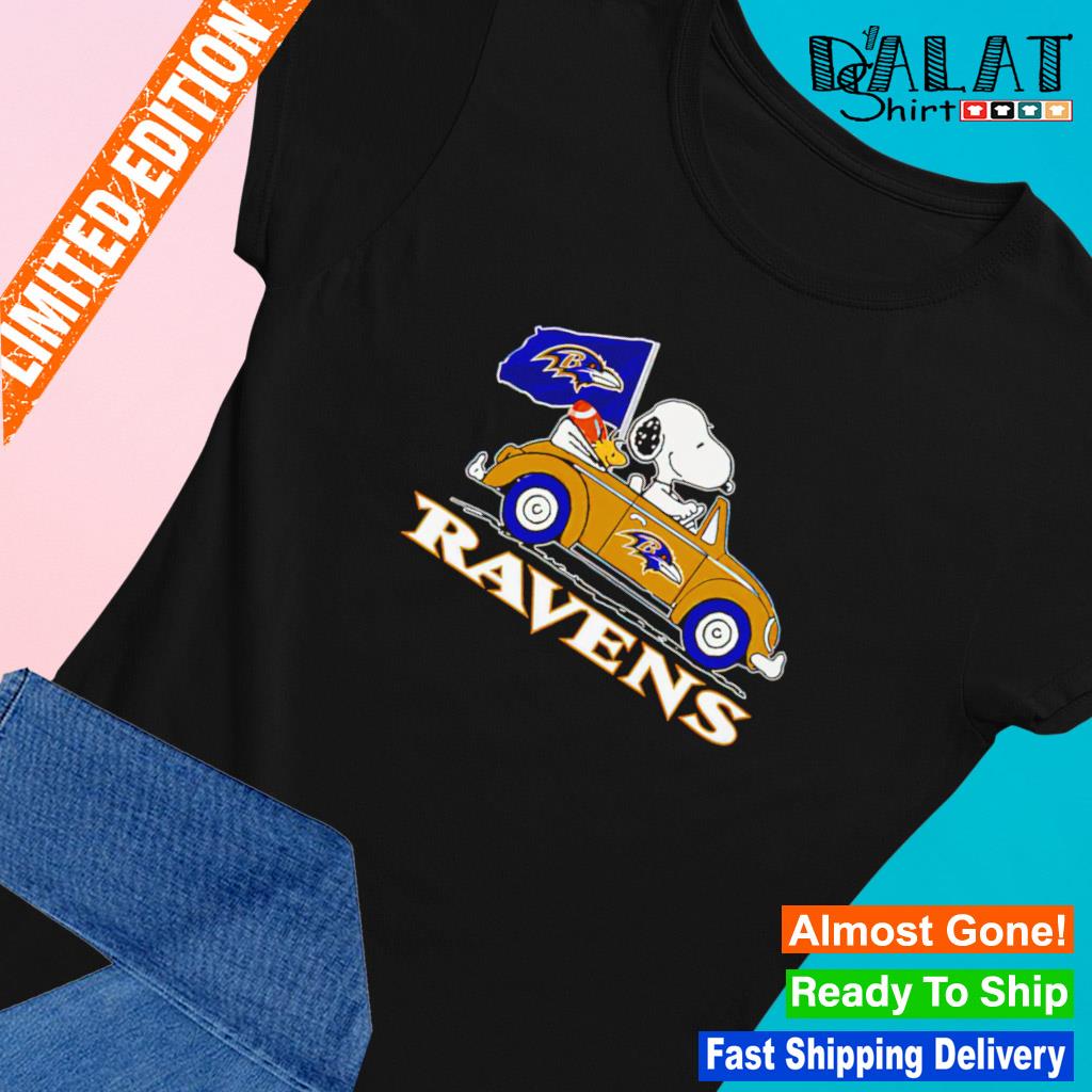 Snoopy drives car with baltimore ravens flag shirt, hoodie