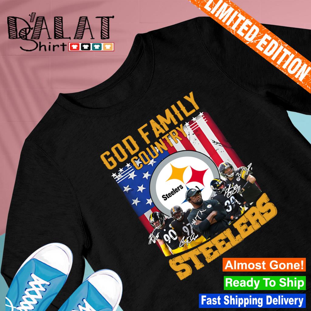 Stolthed Frastødende Recite God Family Country Pittsburgh Steelers Football signatures American flag T- shirt - Dalatshirt
