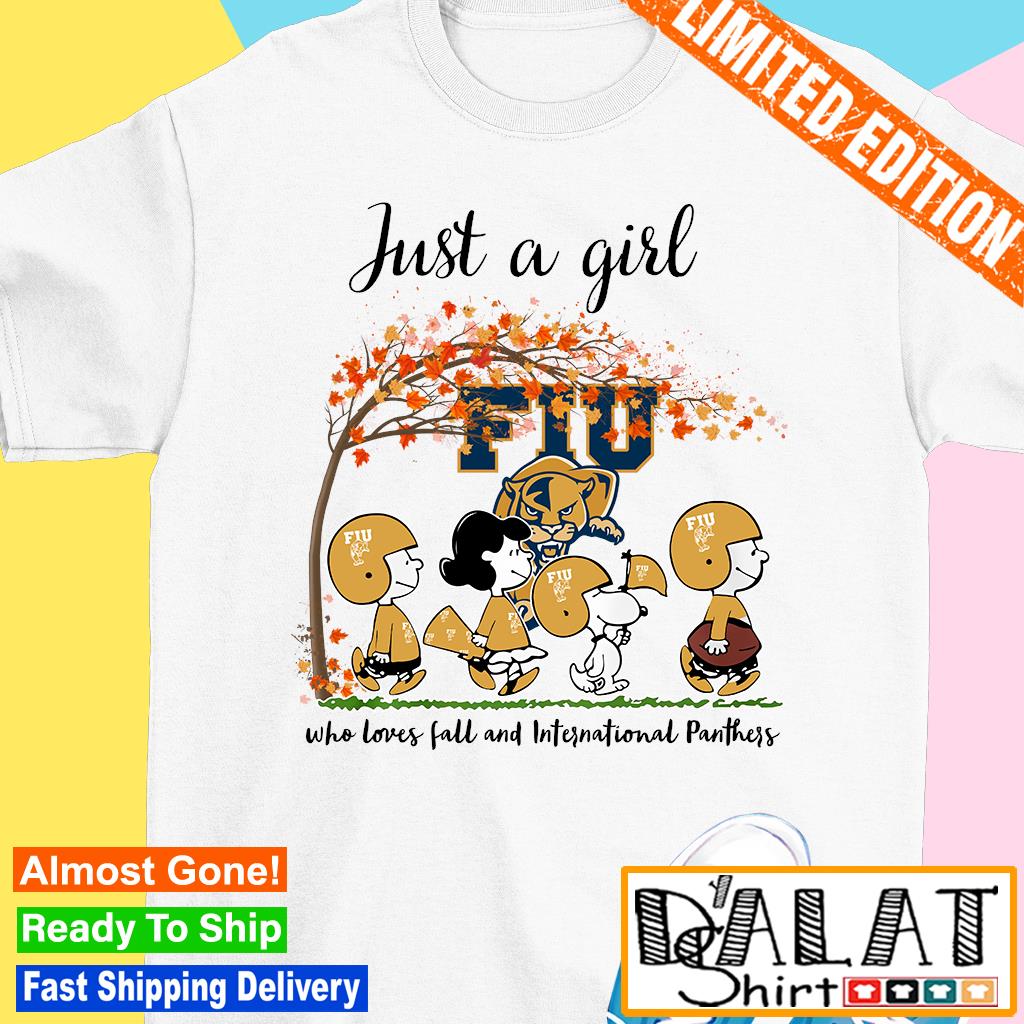 Just A Girl Who Loves Fall and Florida International Panthers Peanuts  Cartoon Halloween T-shirt, hoodie, sweater, long sleeve and tank top