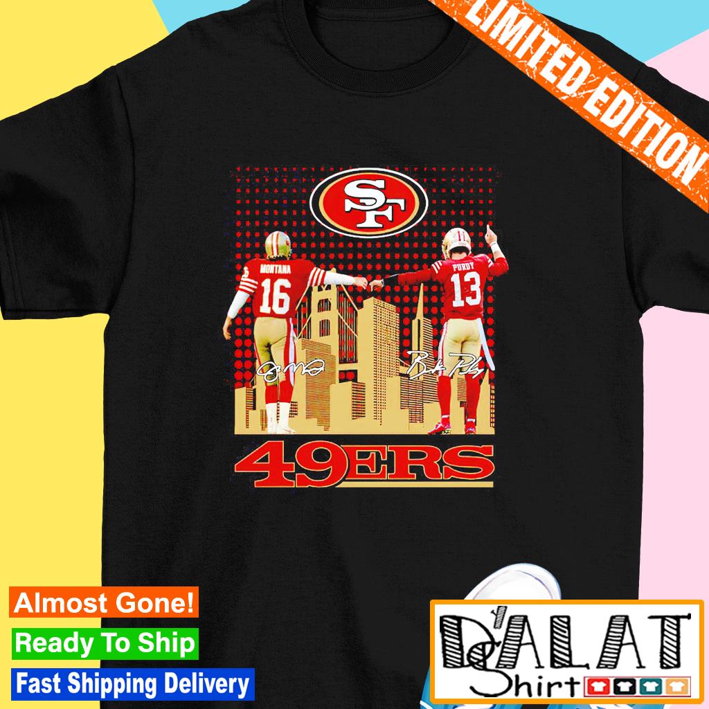 Joe Montana and Brock Purdy San Francisco 49ers city skyline