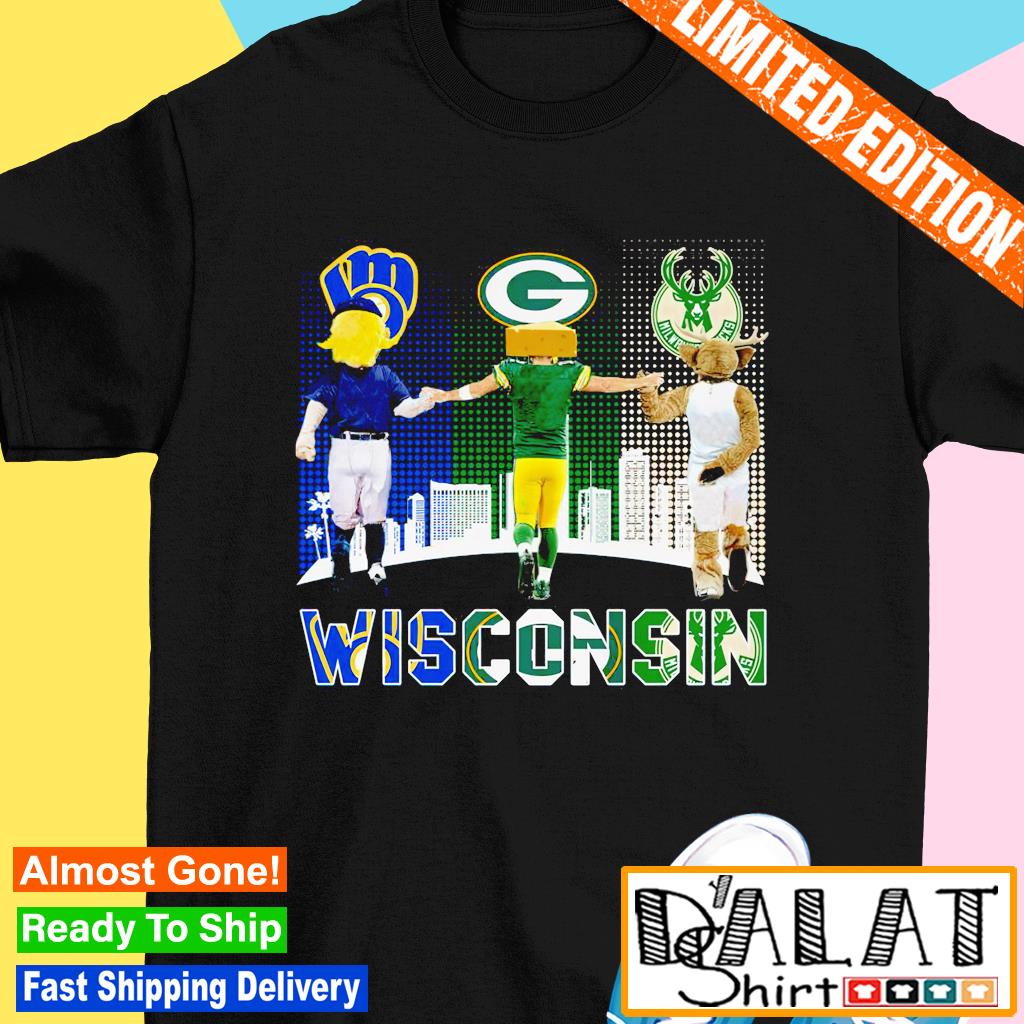 Wisconsin city skyline Milwaukee Brewers Green Bay Packers and Milwaukee  Bucks mascots shirt, hoodie, sweater, long sleeve and tank top