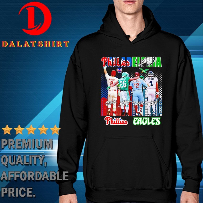 Philadelphia city skyline Philadelphia Phillies and Philadelphia Eagles legends signatures T-shirts Hoodie