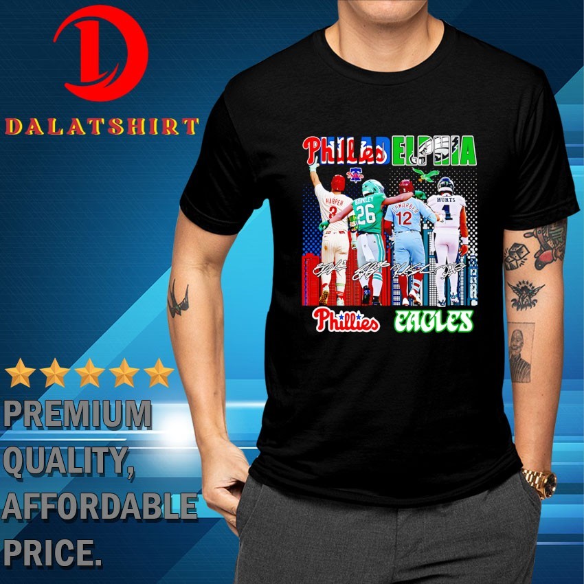 Philadelphia city skyline Philadelphia Phillies and Philadelphia Eagles legends signatures T-shirts Shirt