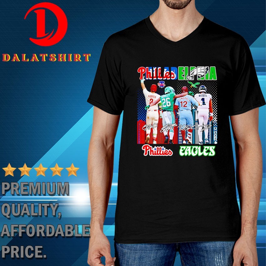 Philadelphia city skyline Philadelphia Phillies and Philadelphia Eagles legends signatures T-shirts V-Neck-T-Shirt