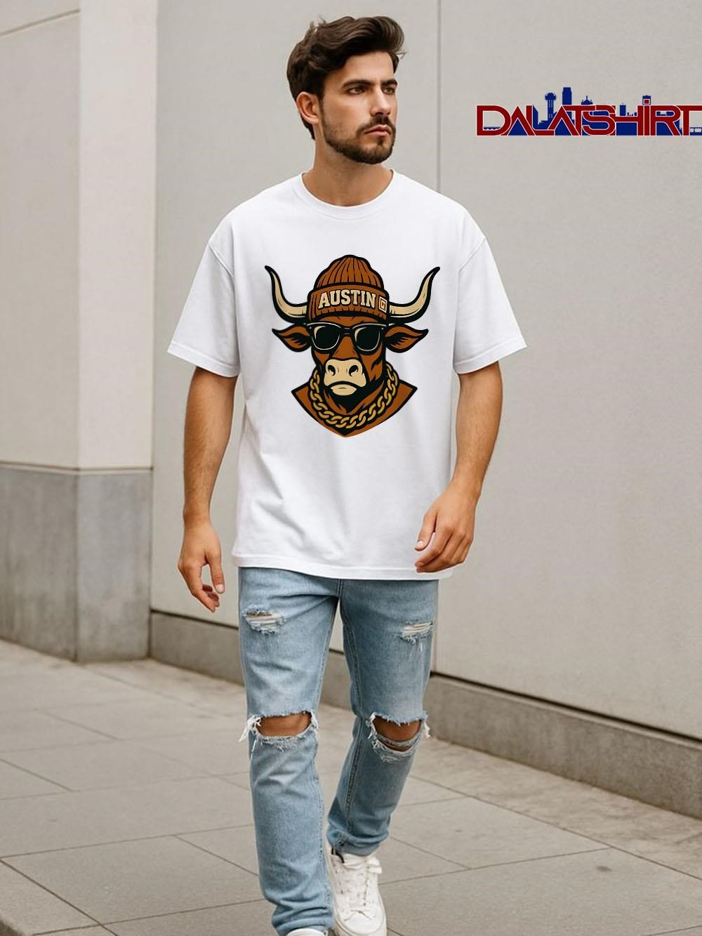 Austin Longhorn mascot beanie sunglasses necklace shirt