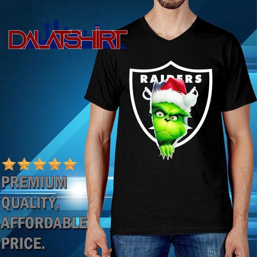 Grinch Peeking Through Raiders Football Christmas Holiday V-Neck-T-Shirt