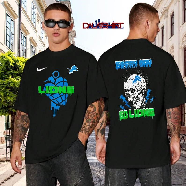 Detroit Lions NFL Green Day Football Skull black-shirt