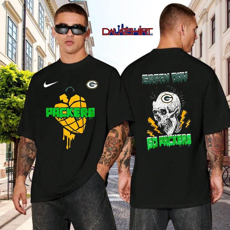 Green Bay Packers NFL Green Day Football Skull black-shirt