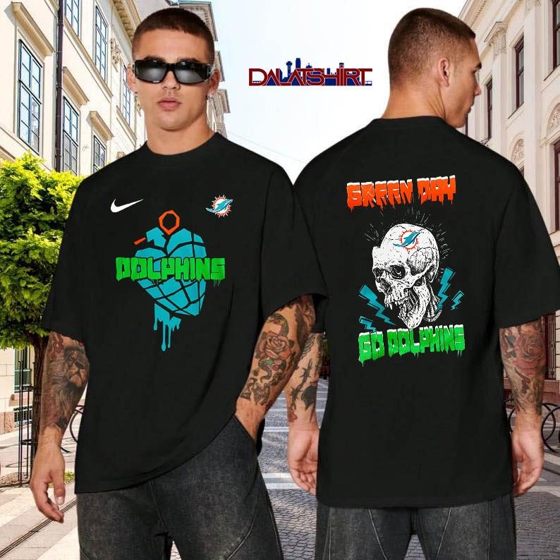 Miami Dolphins NFL Green Day Football Skull black-shirt