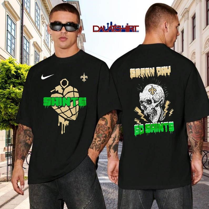 New Orleans Saints NFL Green Day Football Skull black-shirt