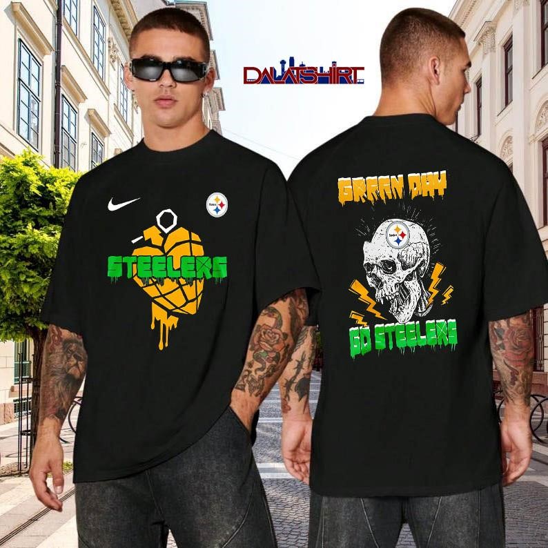 Pittsburgh Steelers NFL Green Day Football Skull black-shirt