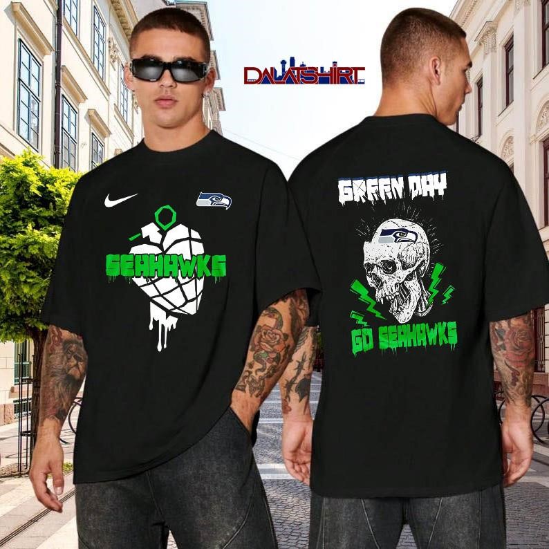 Seattle Seahawks NFL Green Day Football Skull black-shirt