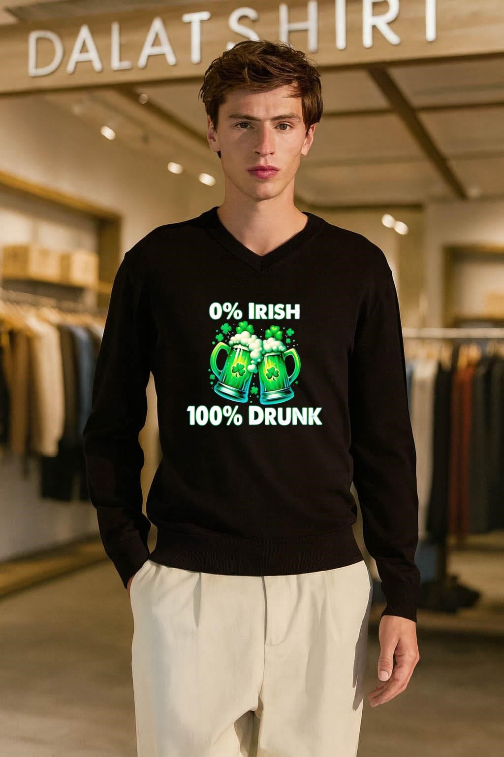 0% Irish 100% Drunk Green Beer Mugs Shamrocks long-sleeve