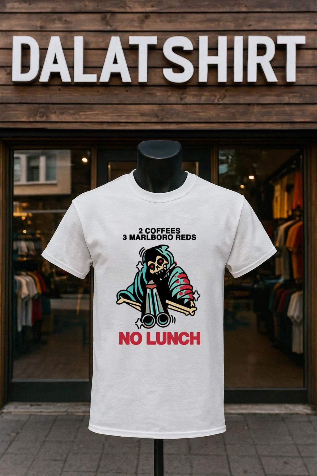2 Coffees 3 Marlboro Reds Skeleton Holding Shotgun No Lunch shirt