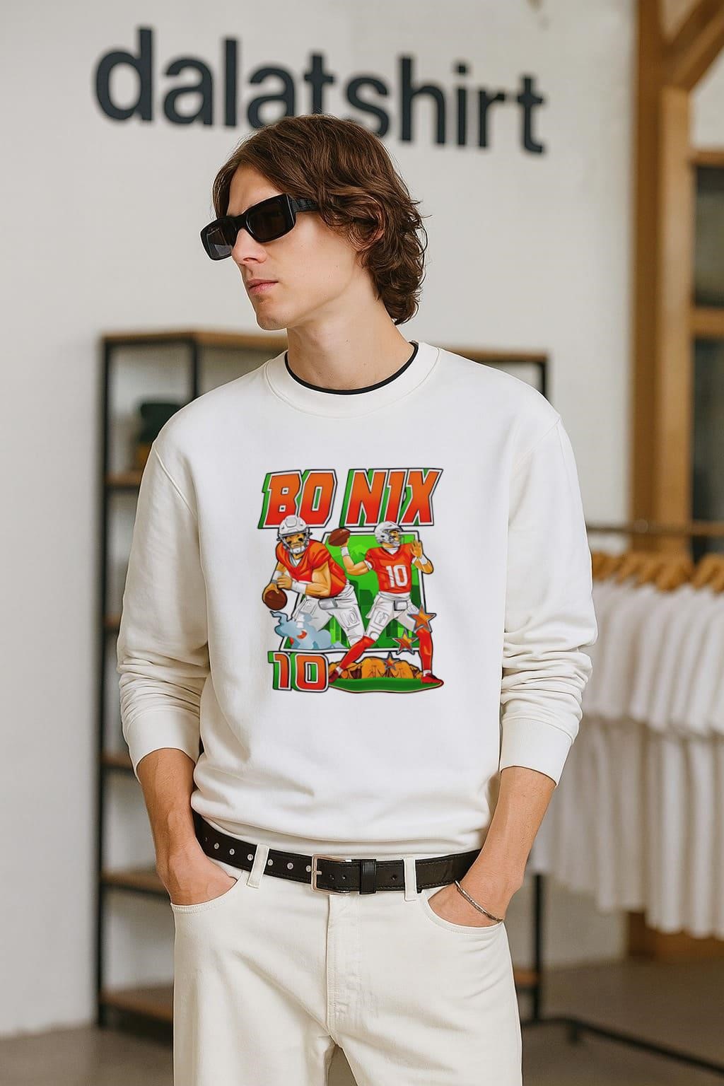 Bo Nix 10 Denver Broncos Football Cartoon long-sleeve