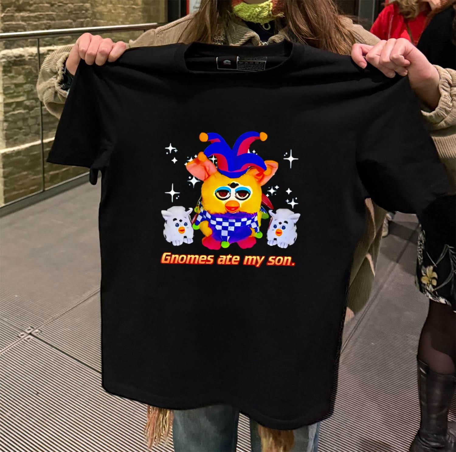 Gnomes Ate My Son Jester Furby and Two Babies black-t-shirt