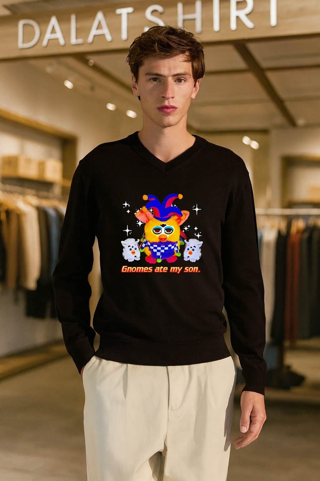 Gnomes Ate My Son Jester Furby and Two Babies long-sleeve