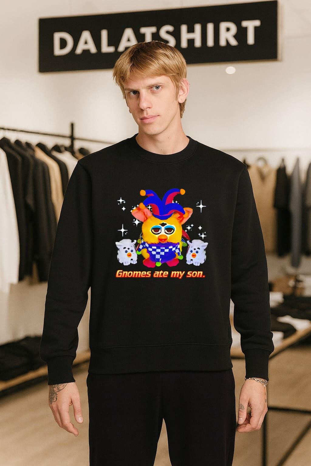 Gnomes Ate My Son Jester Furby and Two Babies sweater