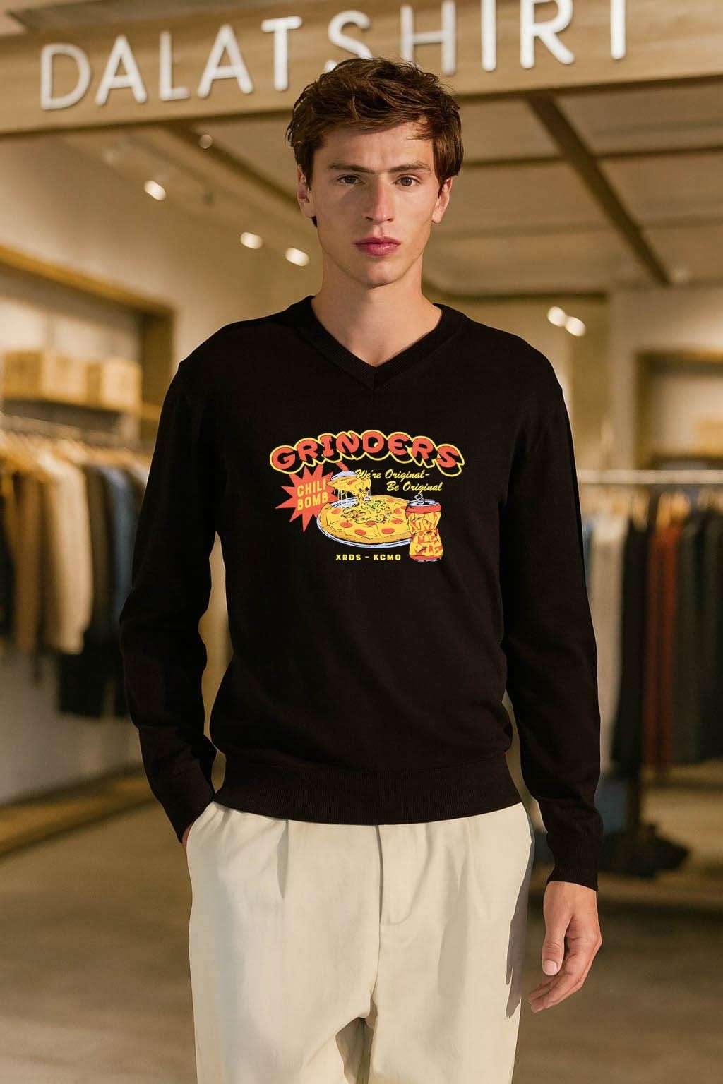 Grinders Chili Bomb We're Original Be Original Pizza long-sleeve