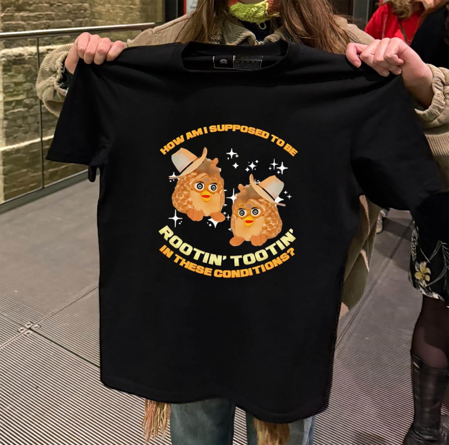 How Am I Supposed To Be Rootin' Tootin' Cowboy Furbies black-t-shirt