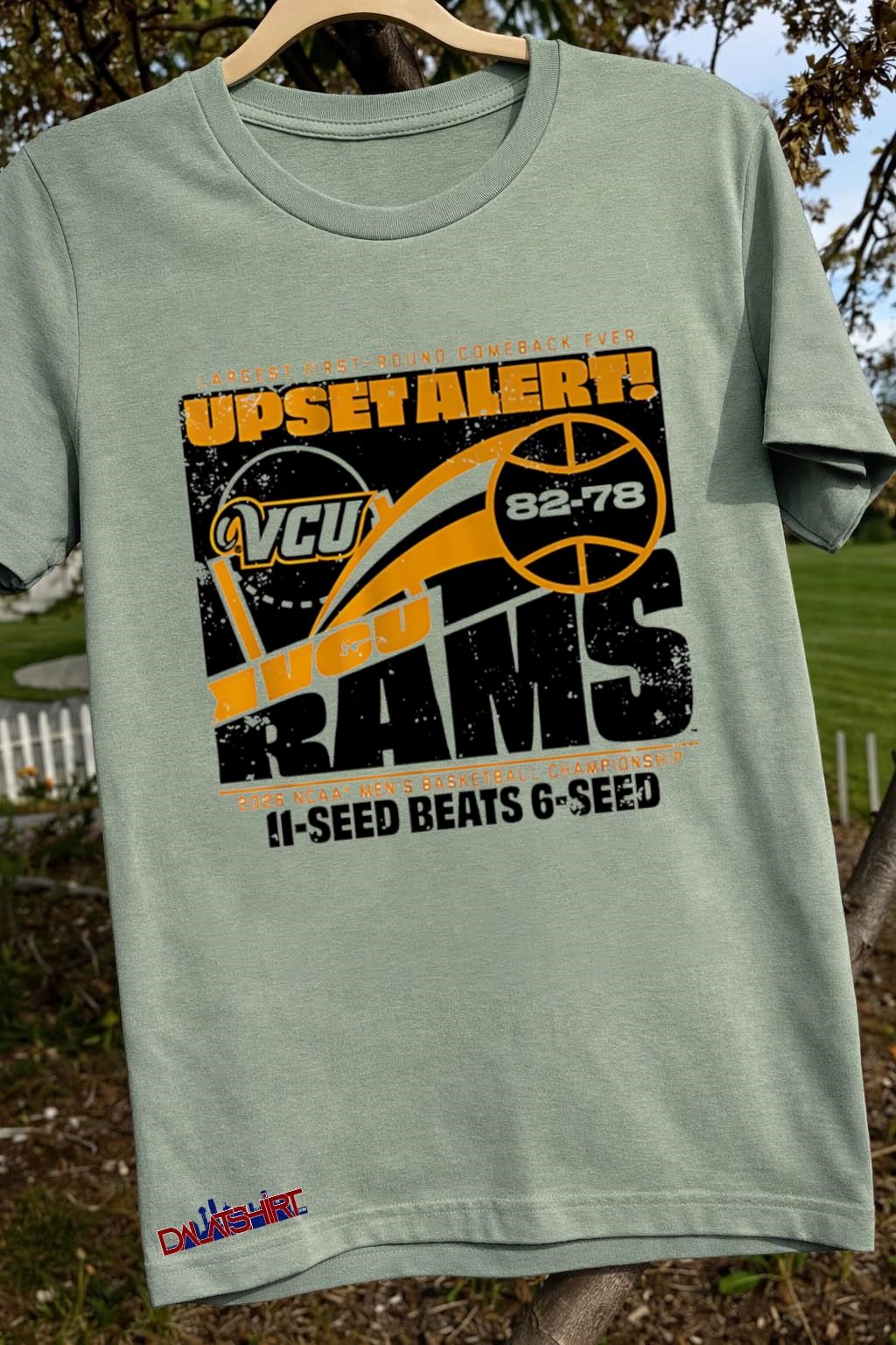 Largest First-Round Comeback Ever Upset Alert VCU Rams 82-78 2026 NCAA Men's Basketball Championship sage-green-t-shirt