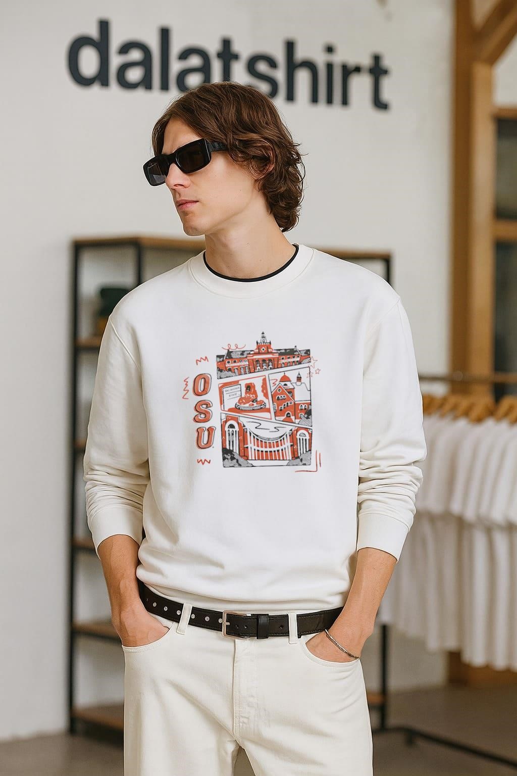 OSU Oklahoma State University Edmon Low Library And Campus Buildings Sketch long-sleeve
