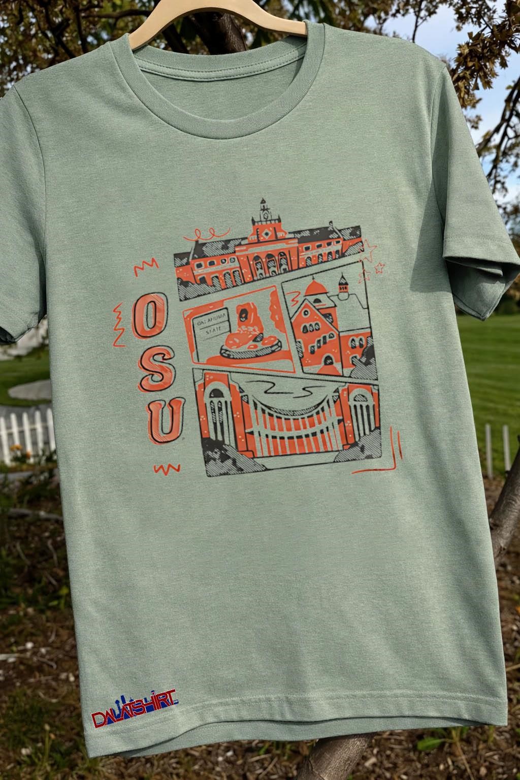 OSU Oklahoma State University Edmon Low Library And Campus Buildings Sketch sage-green-t-shirt