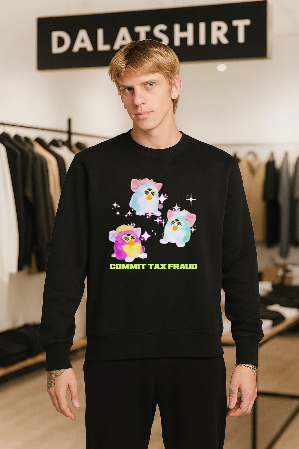 Pink And Blue Furbies Sparkles Commit Tax Fraud sweater