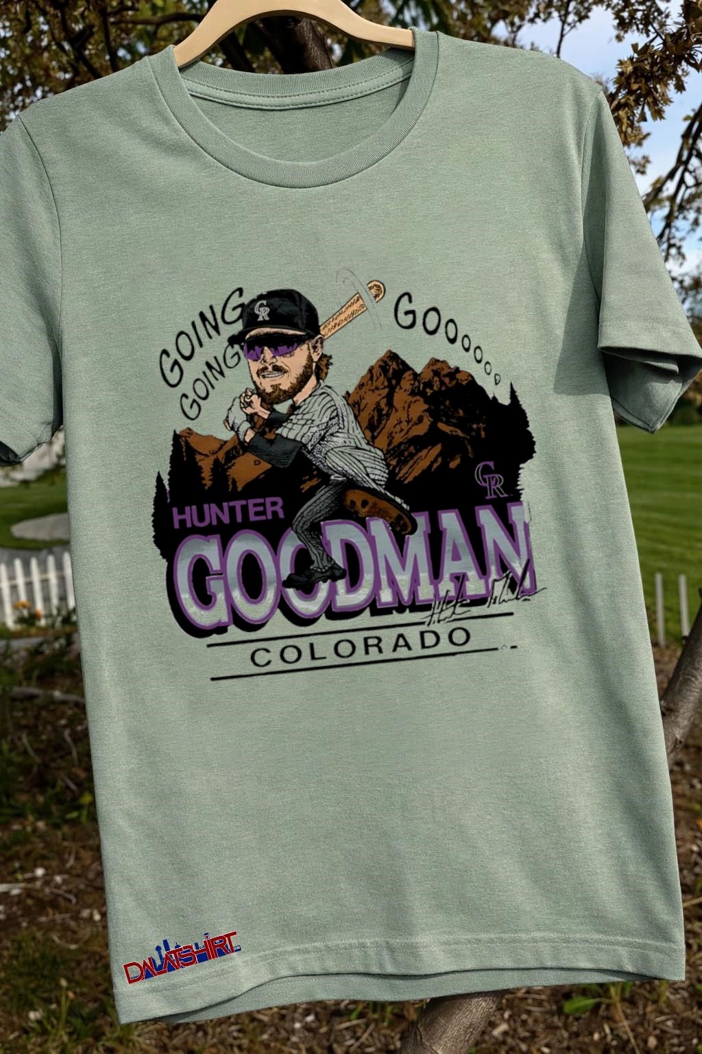 Rockies Hunter Goodman Signature MLB cartoon sage-green-t-shirt