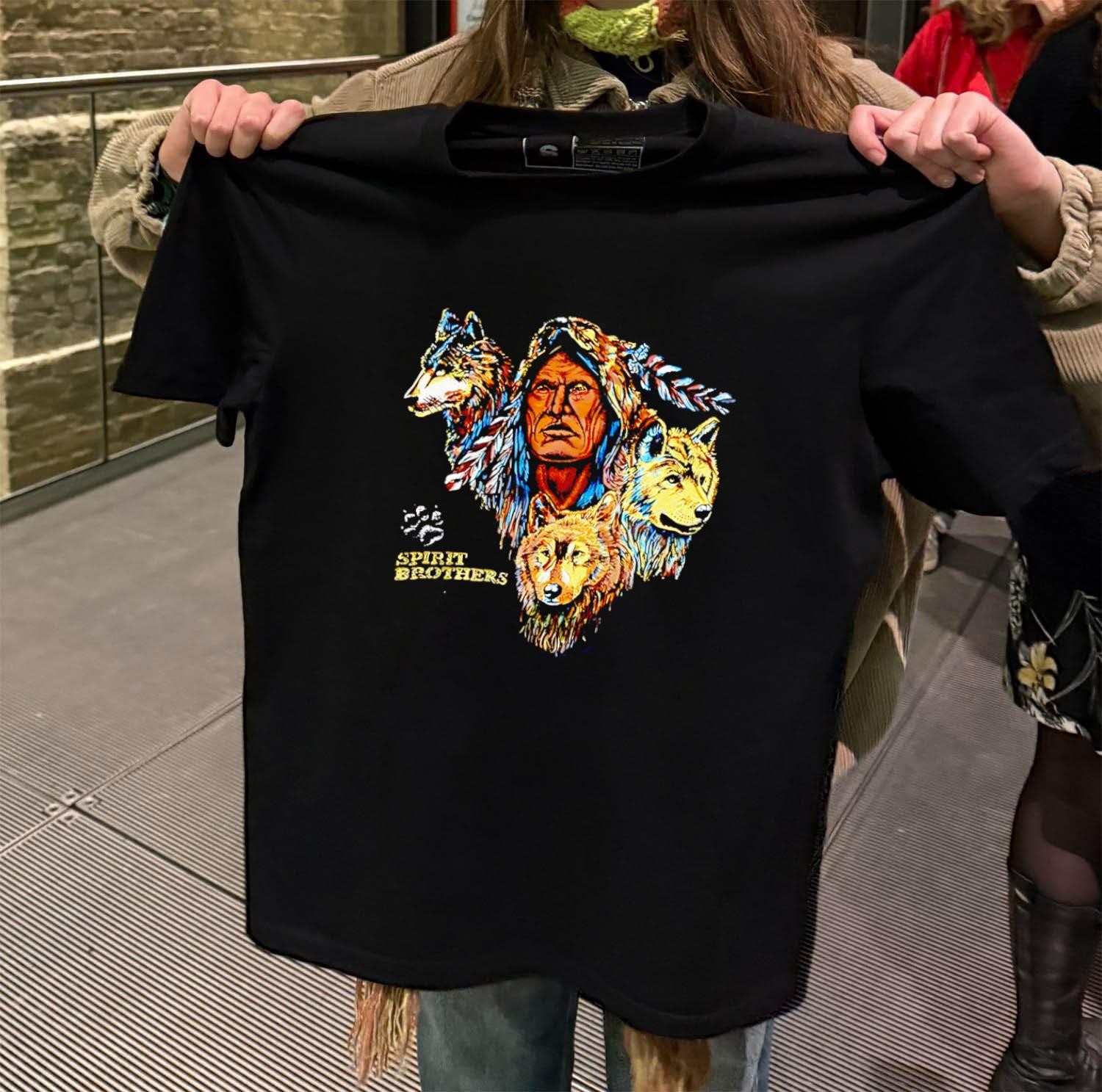 Spirit Brothers Native American Man and Three Wolves black-t-shirt