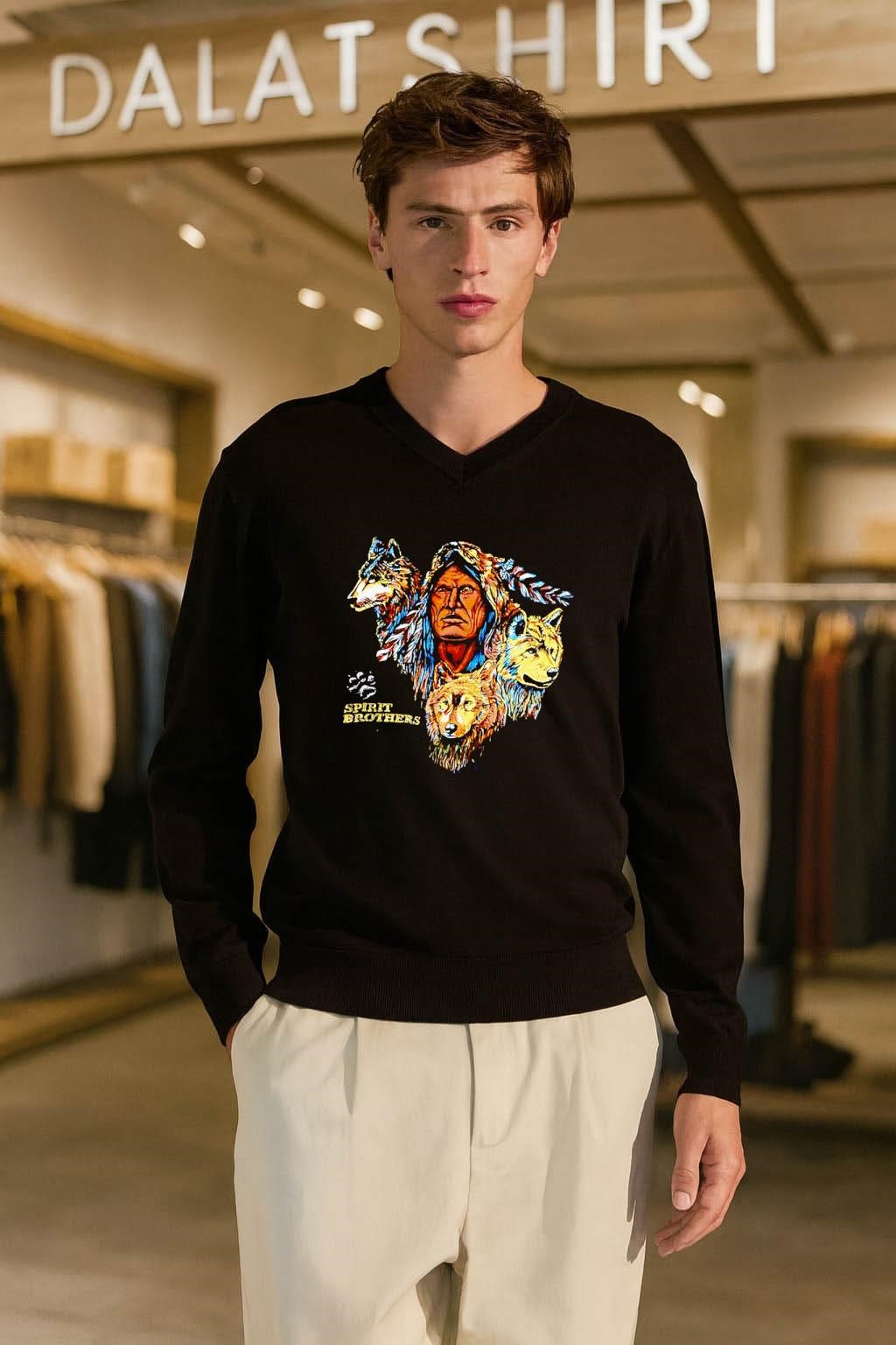 Spirit Brothers Native American Man and Three Wolves long-sleeve