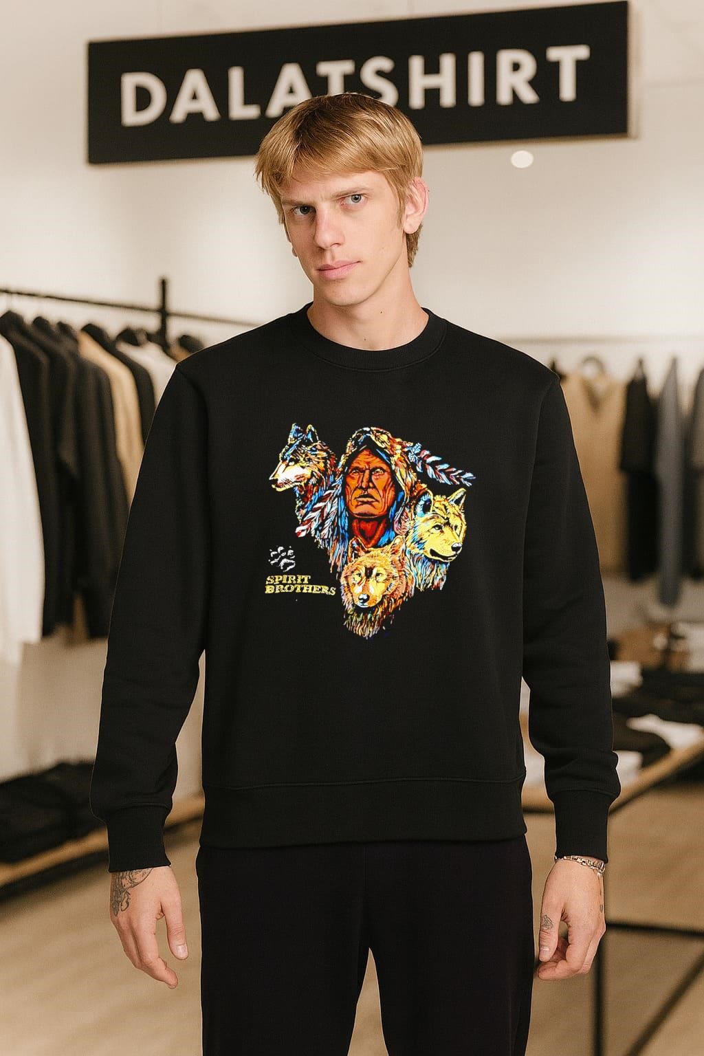 Spirit Brothers Native American Man and Three Wolves sweater