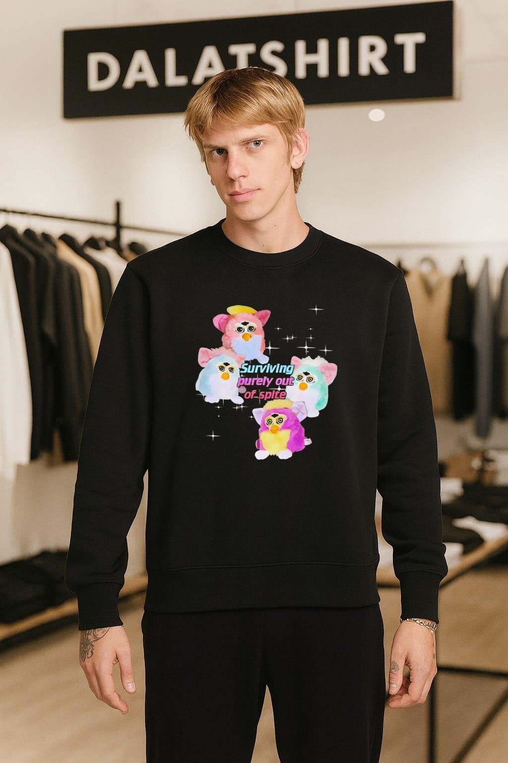 Surviving Purely Out Of Spite Four Colorful Furbies sweater