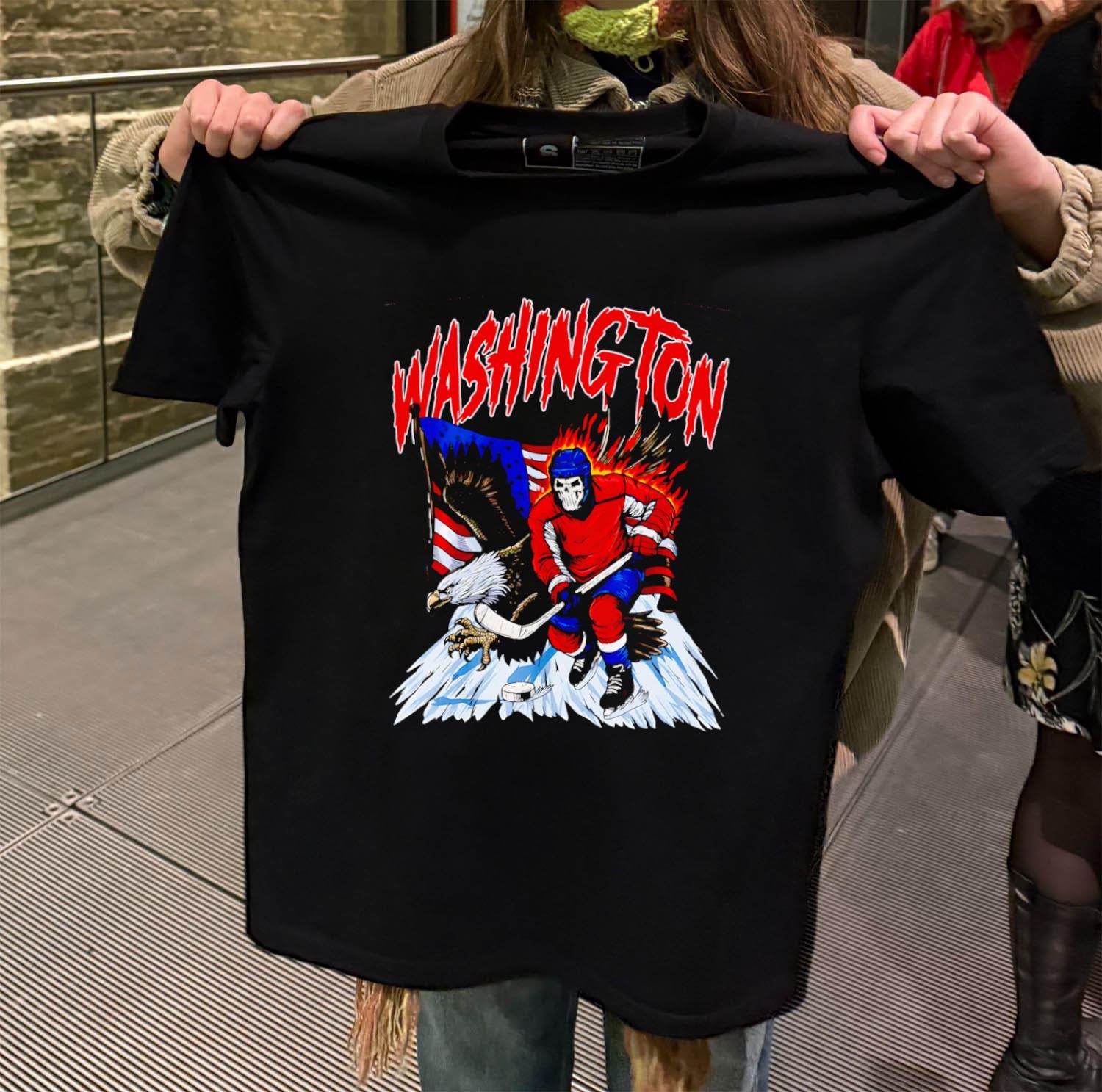 Washington Skeleton Hockey Player American Eagle Flag black-t-shirt