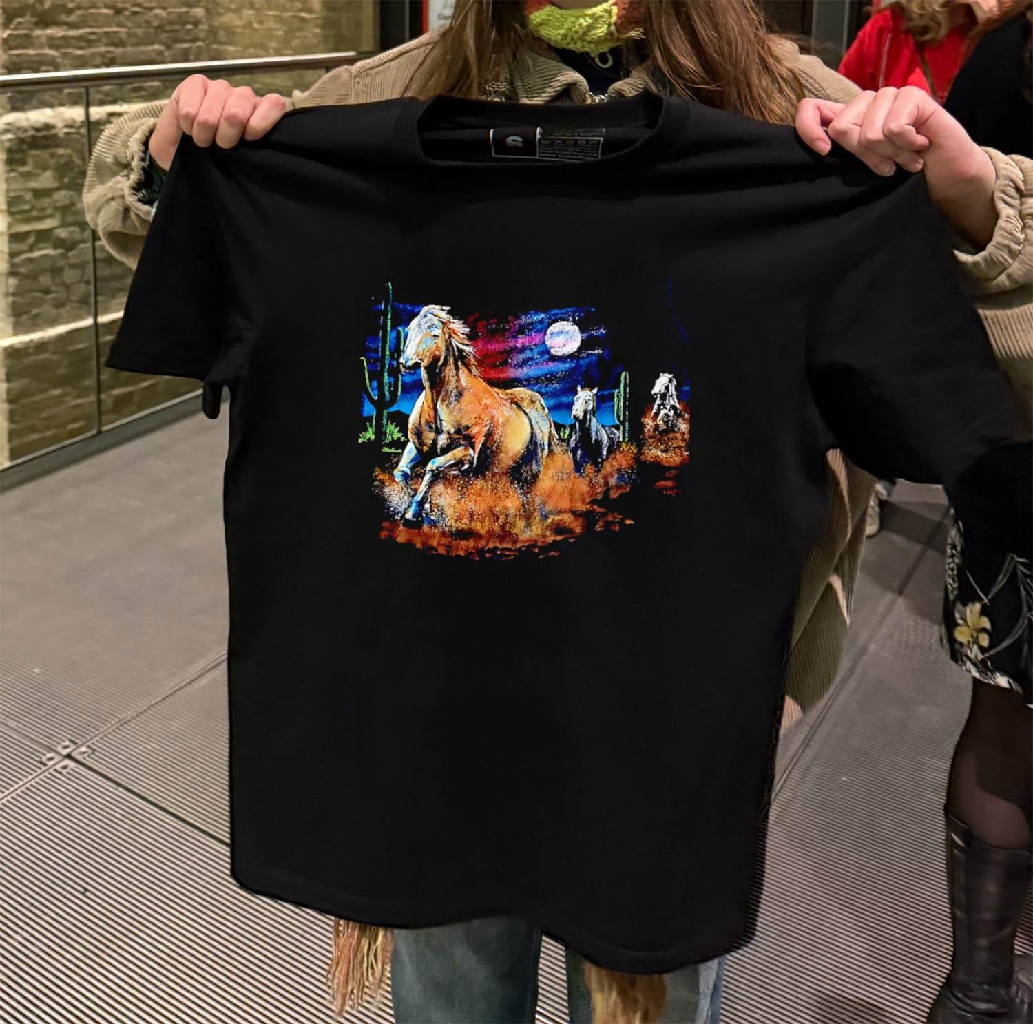 Wild Horses Galloping in Desert Night Landscape black-t-shirt